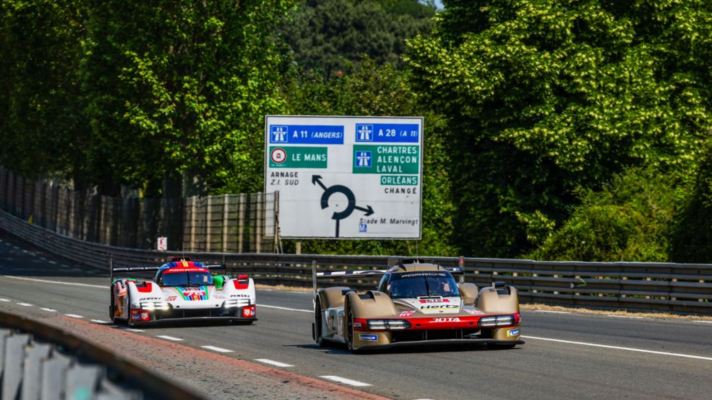 Porsche 963, Hertz Team Jota (#38), Antonio Felix da Costa (P), Will Stevens (UK), Yifei Ye (CHN); Porsche Penske Motorsport (#75), Mathieu Jaminet (F), Felipe Nasr (BR), Nick Tandy (UK), 2023, Porsche AG