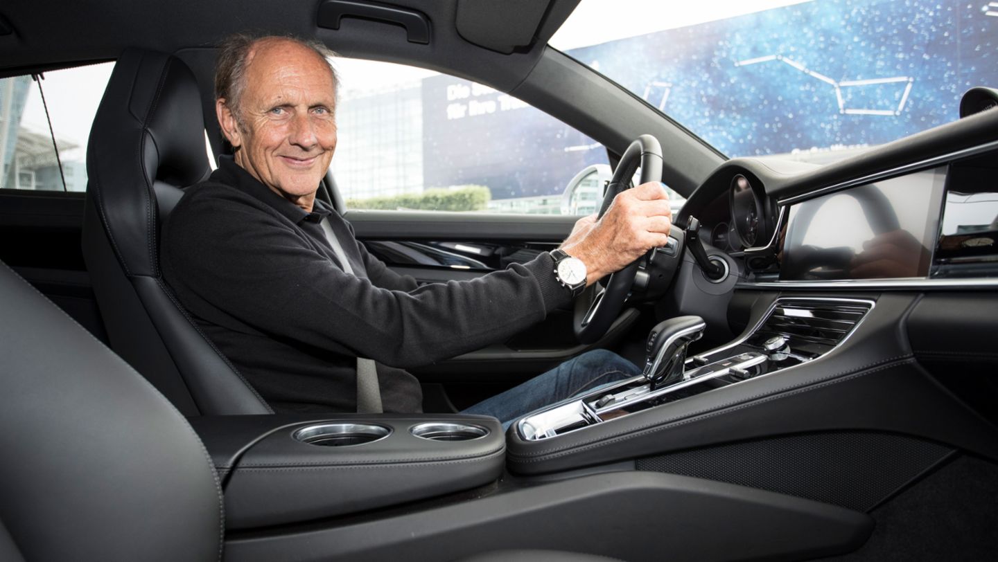 Hans-Joachim Stuck, former race car driver, Panamera, Tegernsee lake, 2016, Porsche AG